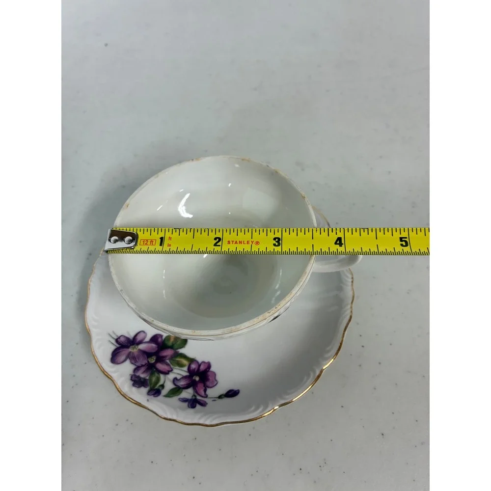 Vintage Made in Japan Purple Violet Floral Porcelain Tea Cup and Saucer Set Gold